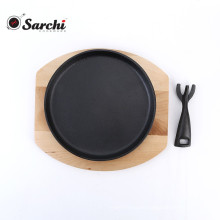 High quality Steak plate with wood base round skillet grddle pan Cast iron steak sizzling plate